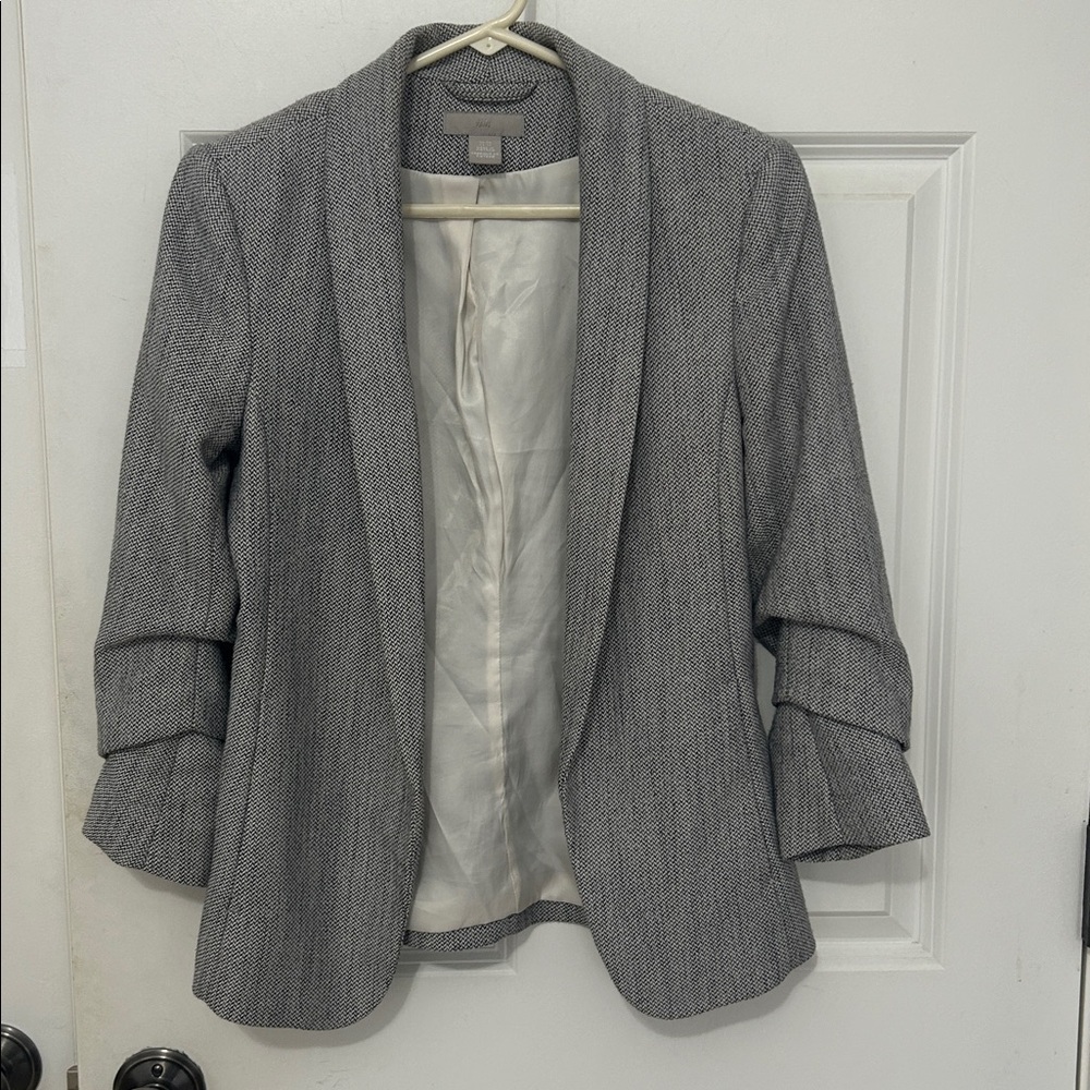 H&M herringbone blazer size XS gray three-quarter scrunched sleeves